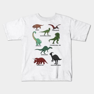 Dinosaur sheet with multiple cartoon drawings and labels Kids T-Shirt